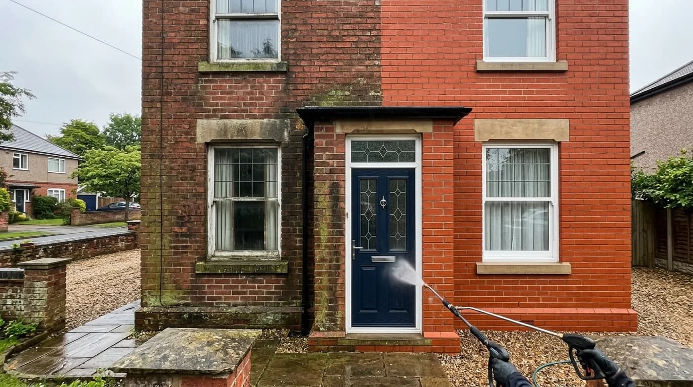 Brick and render frontage cleaned of algae and staining in Nottingham
