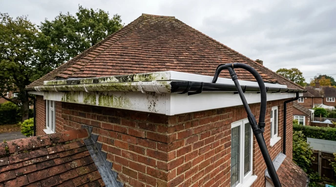 Gutter cleared by vacuum and soffits washed bright in Nottingham