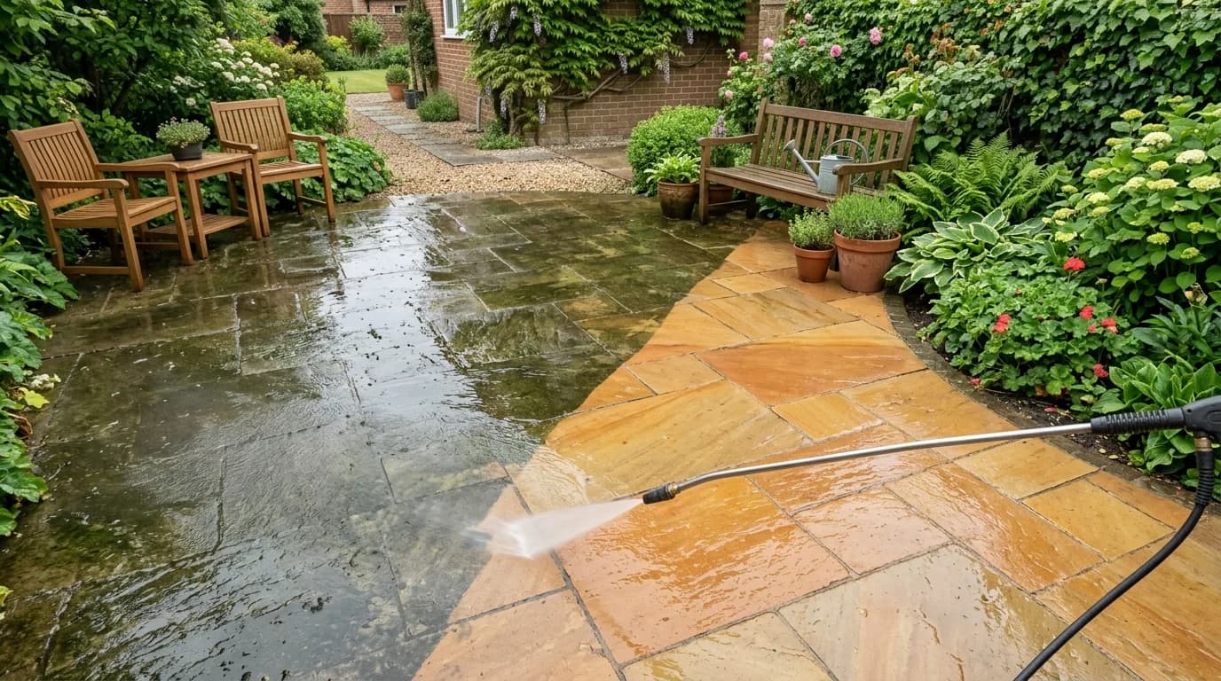 Indian sandstone patio cleaned of algae and black spot in Nottingham