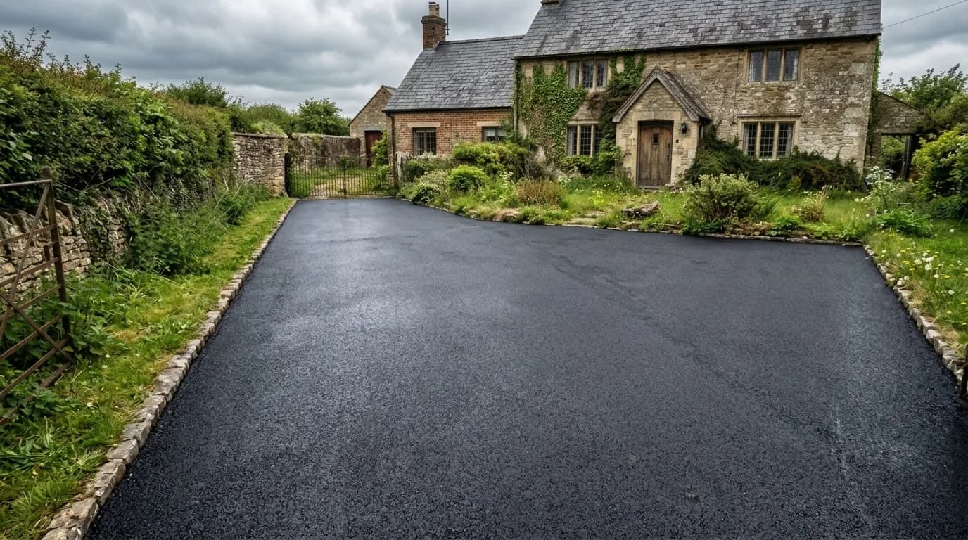 The same tarmac driveway restored to a deep black sealed finish